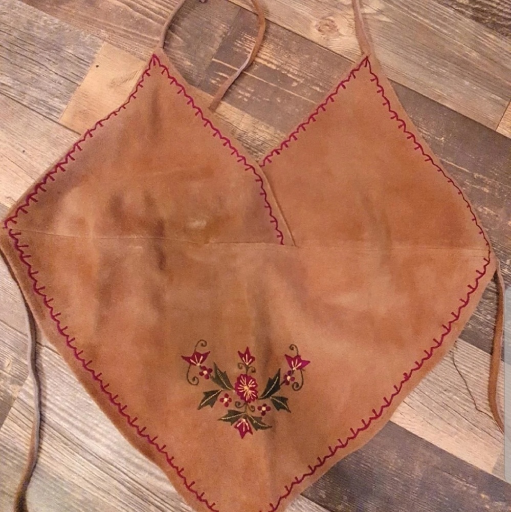 Embroidered Genuine Leather Lined Halter Crop Top with Tie Back